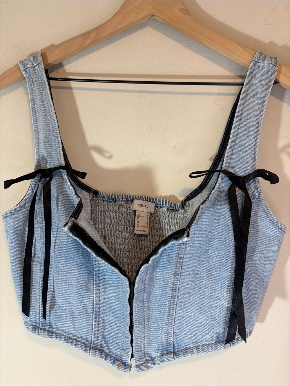 F21 Light Wash Denim Corset Style Crop Top